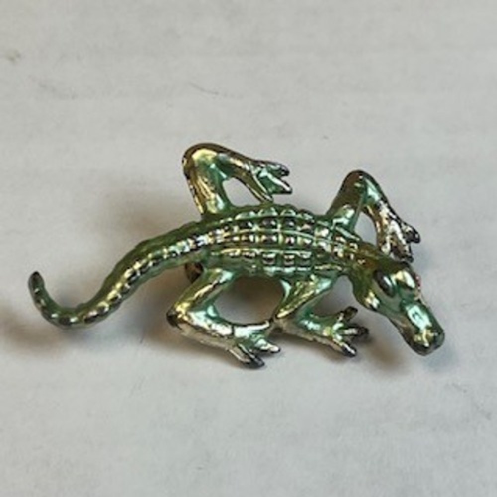 Vintage‎ Green Enamel Alligator Brooch Gold Tone Reptile Pin Red Eyes Jewelry